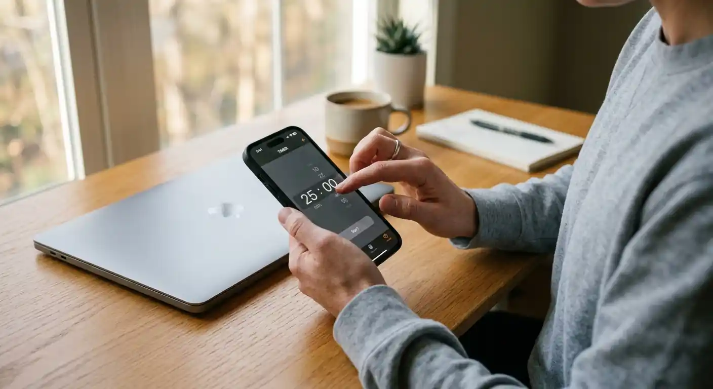Person setzt Zeitlimit auf Smartphone neben geschlossenem Laptop