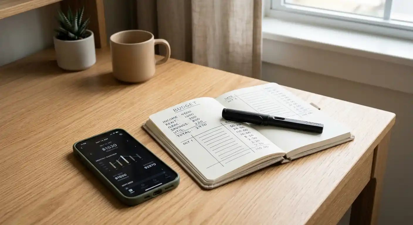 Ruhiger Schreibtisch mit Smartphone und Notizblock zur Budgetplanung