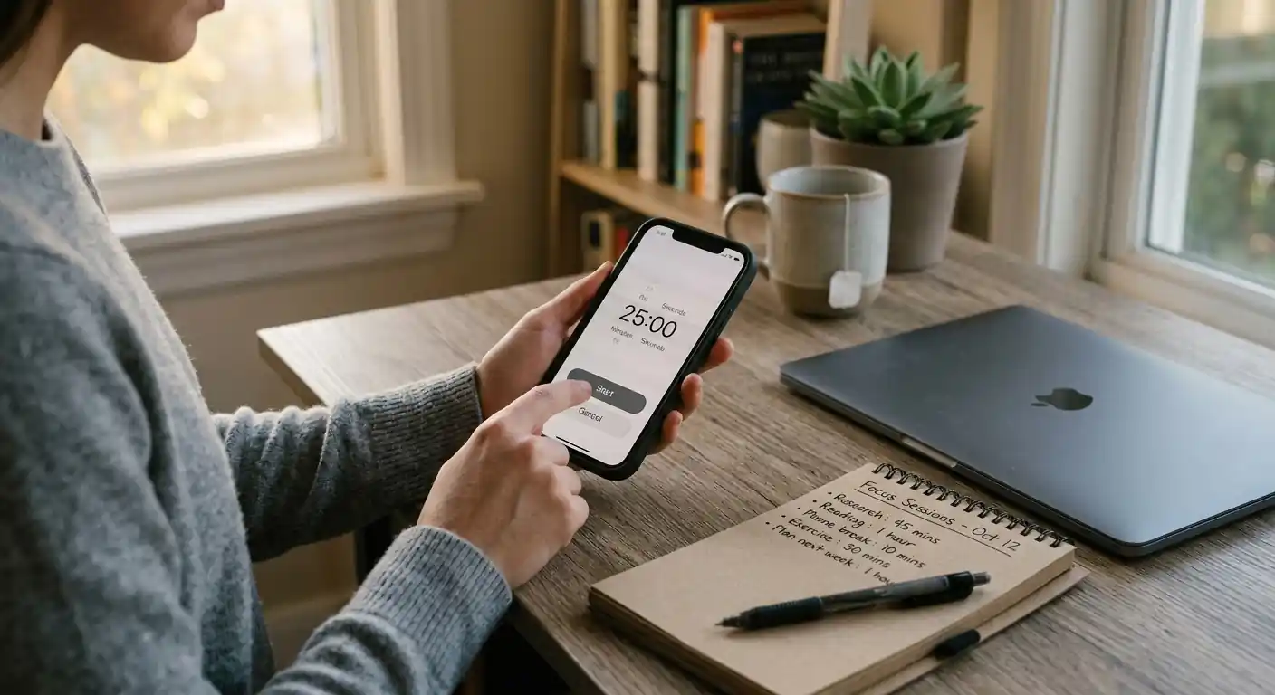 Hände setzen Timer auf Smartphone neben geschlossenem Laptop, Notizblock mit Zeitlimits sichtbar