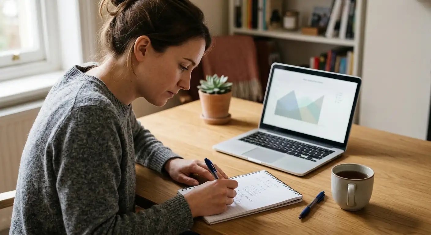 Person rechnet mit Stift und Notizblock den realen Wert von Freispielen aus
