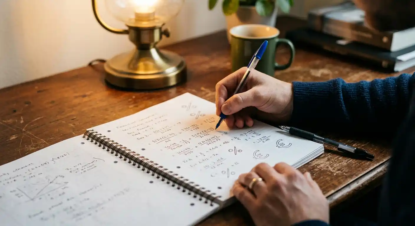 Notizbuch mit handschriftlichen Berechnungen zu Bonusprozenten und Euro-Beträgen