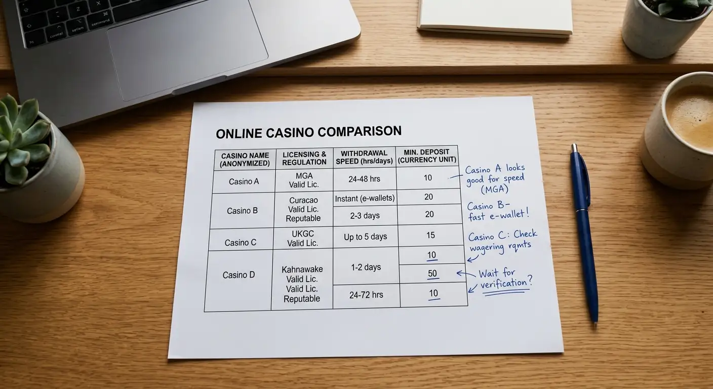 Vergleichstabelle auf Papier mit Casino-Namen und Bewertungskriterien