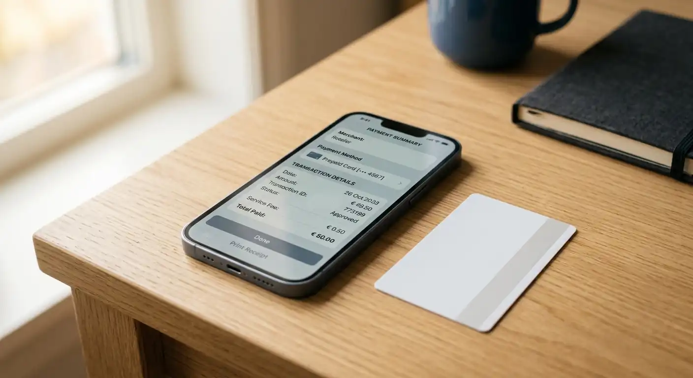 Smartphone mit neutraler Zahlungsübersicht neben einer Prepaid-Guthabenkarte ohne Marke