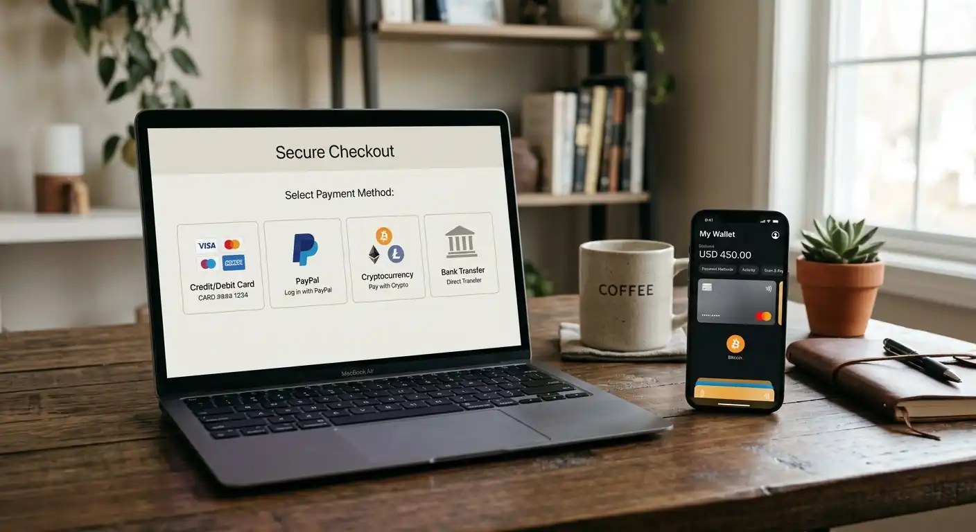 Laptop zeigt Zahlungsmethoden-Auswahl mit Krypto- und Kartenoptionen