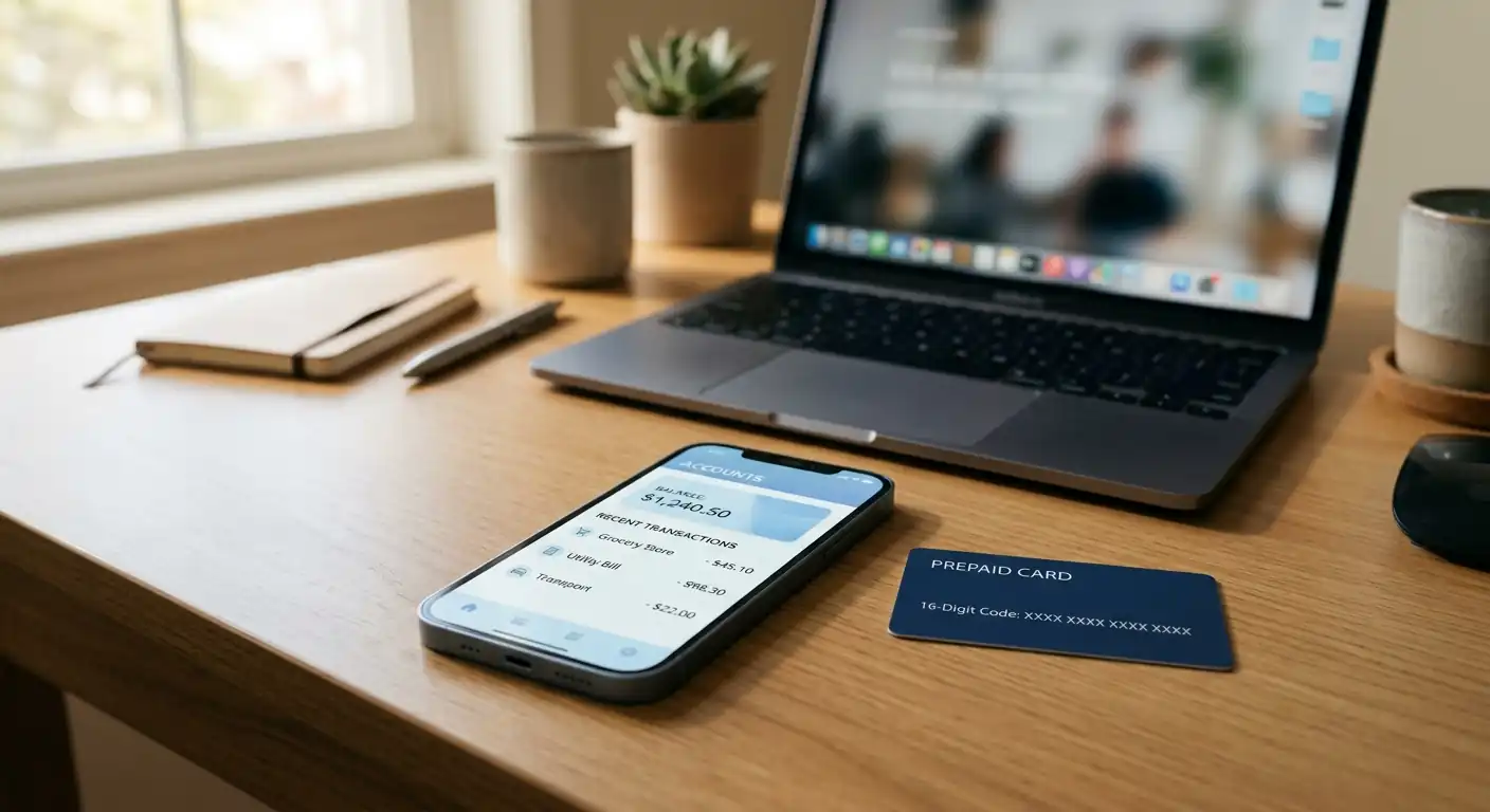 Schreibtisch mit Smartphone, Banking-App und Prepaid-Gutschein als Zahlungsoptionen