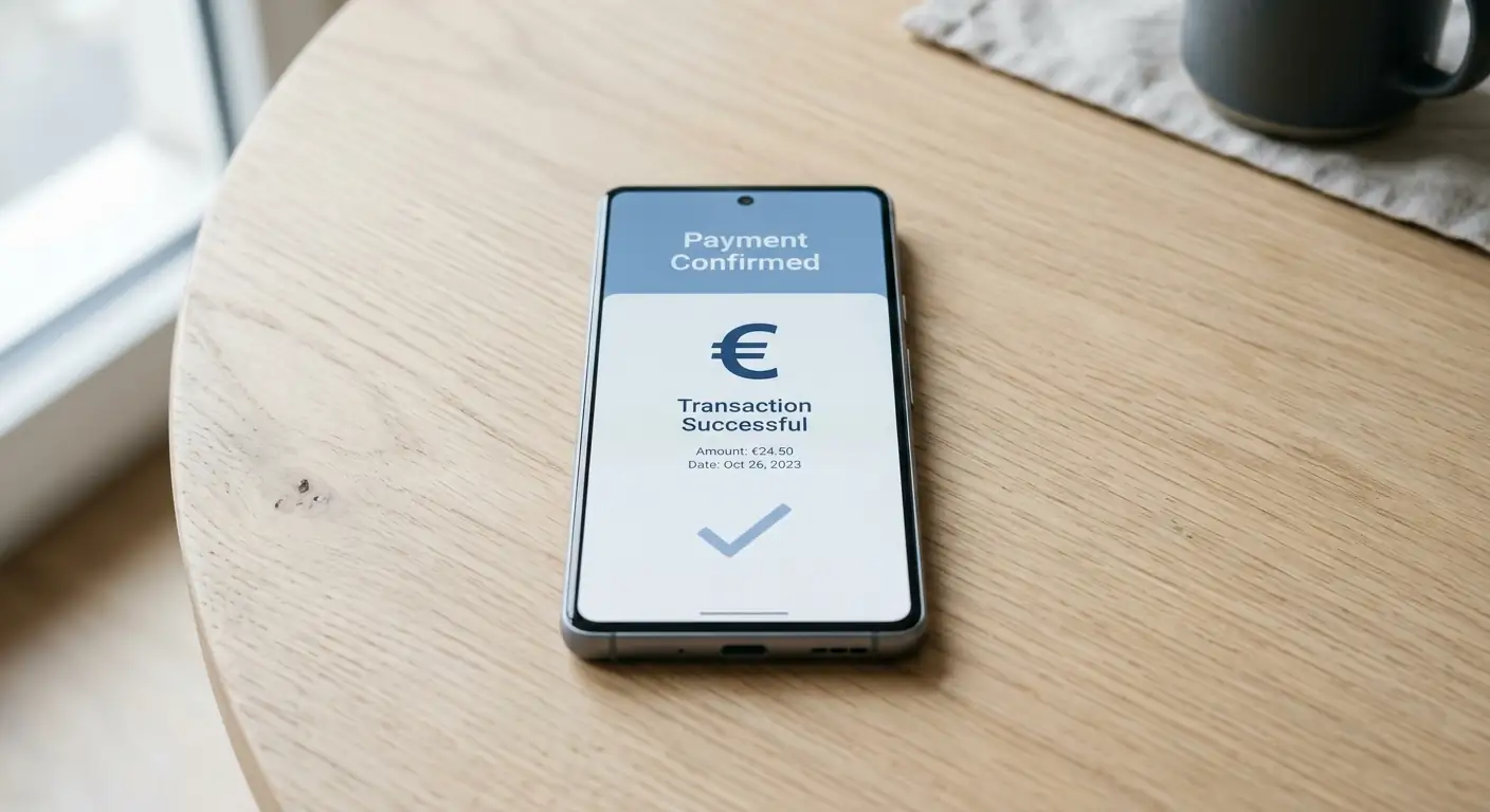 Smartphone mit neutralem Zahlungsbildschirm und ein Euro-Symbol auf heller Oberfläche