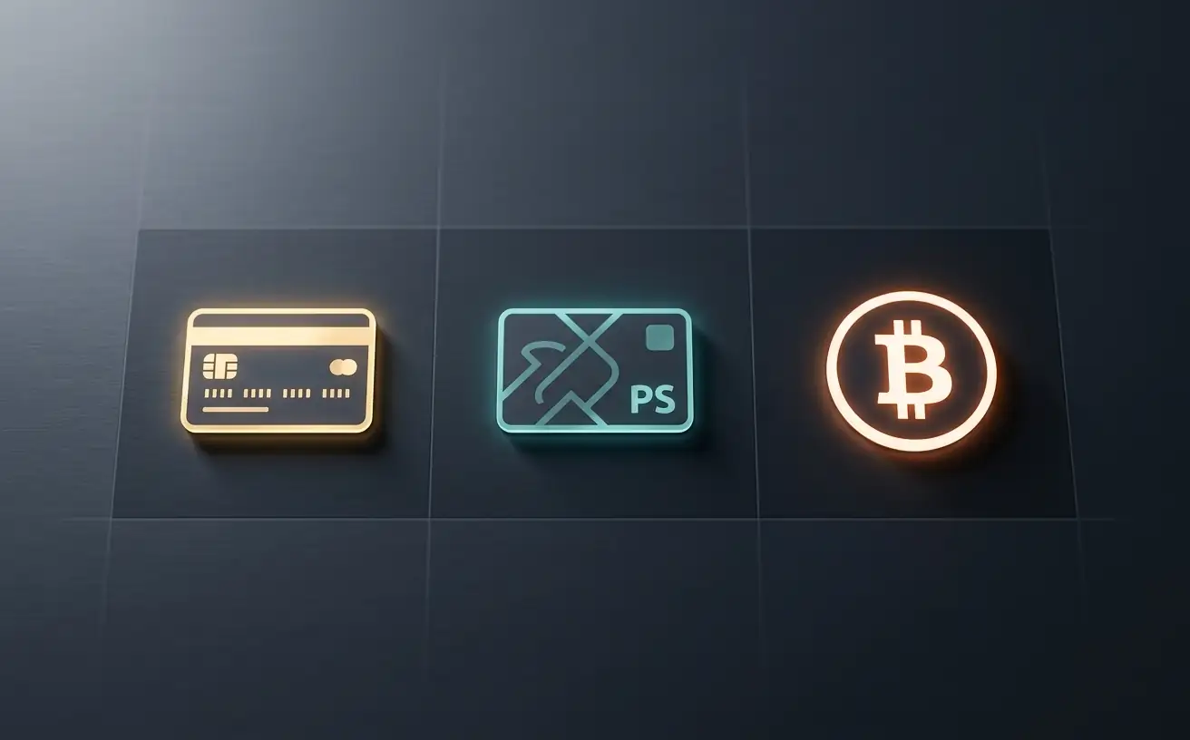 Zahlungsmethoden-Icons: Kreditkarte, paysafecard, Bitcoin auf dunklem Hintergrund