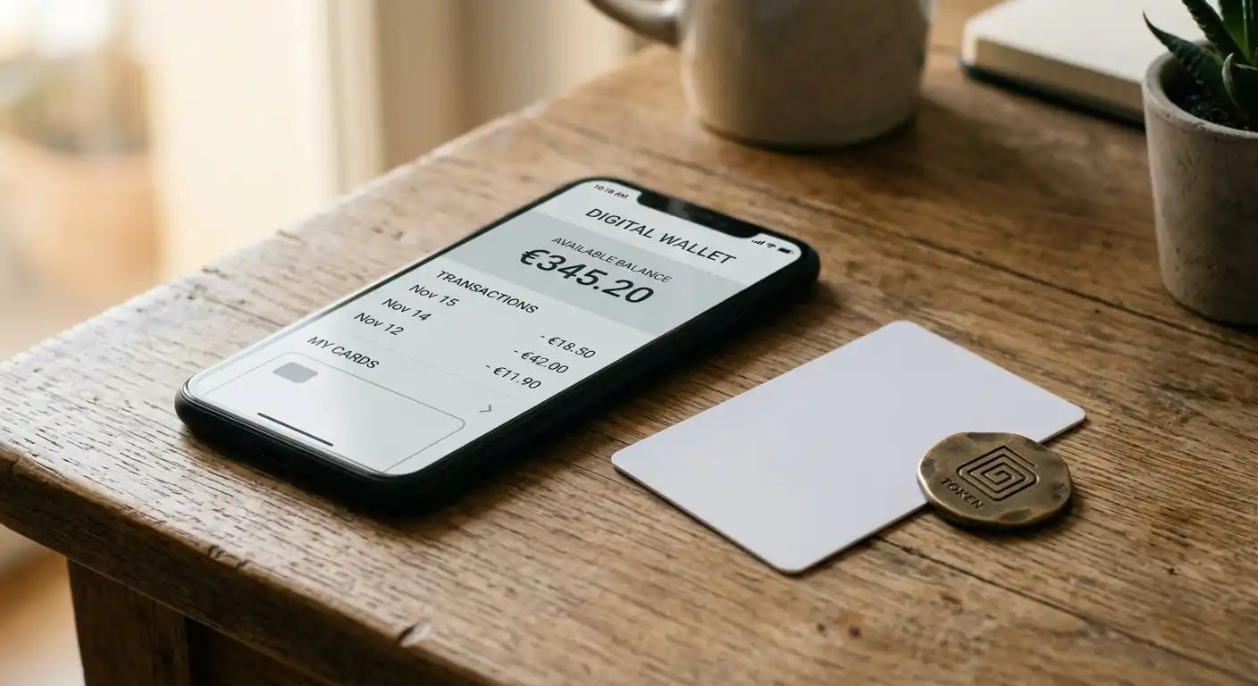 Smartphone mit neutraler Krypto-Wallet-Oberfläche neben einer Prepaid-Karte ohne Aufdruck