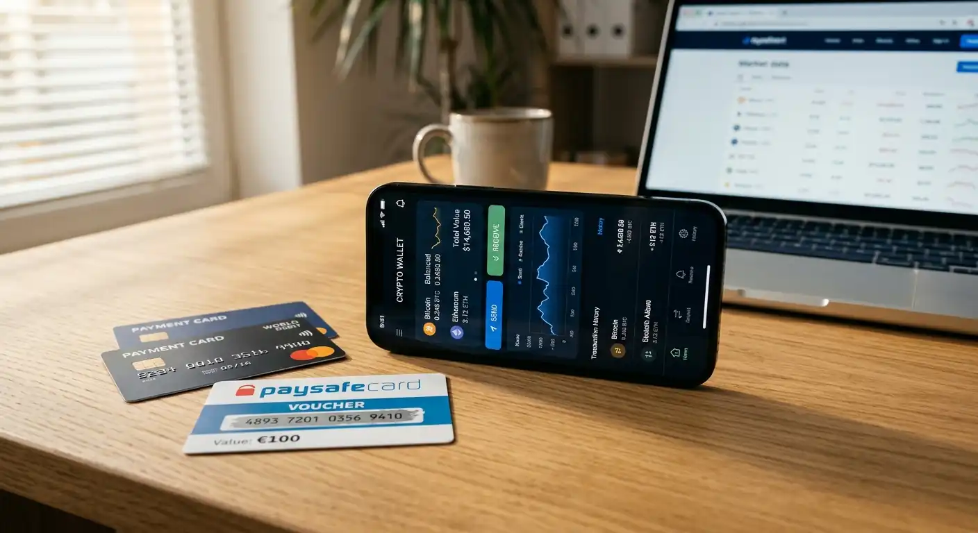 Smartphone mit Krypto-Wallet-Interface neben Kreditkarten und Paysafecard-Code, moderne Zahlungsmethoden-Übersicht