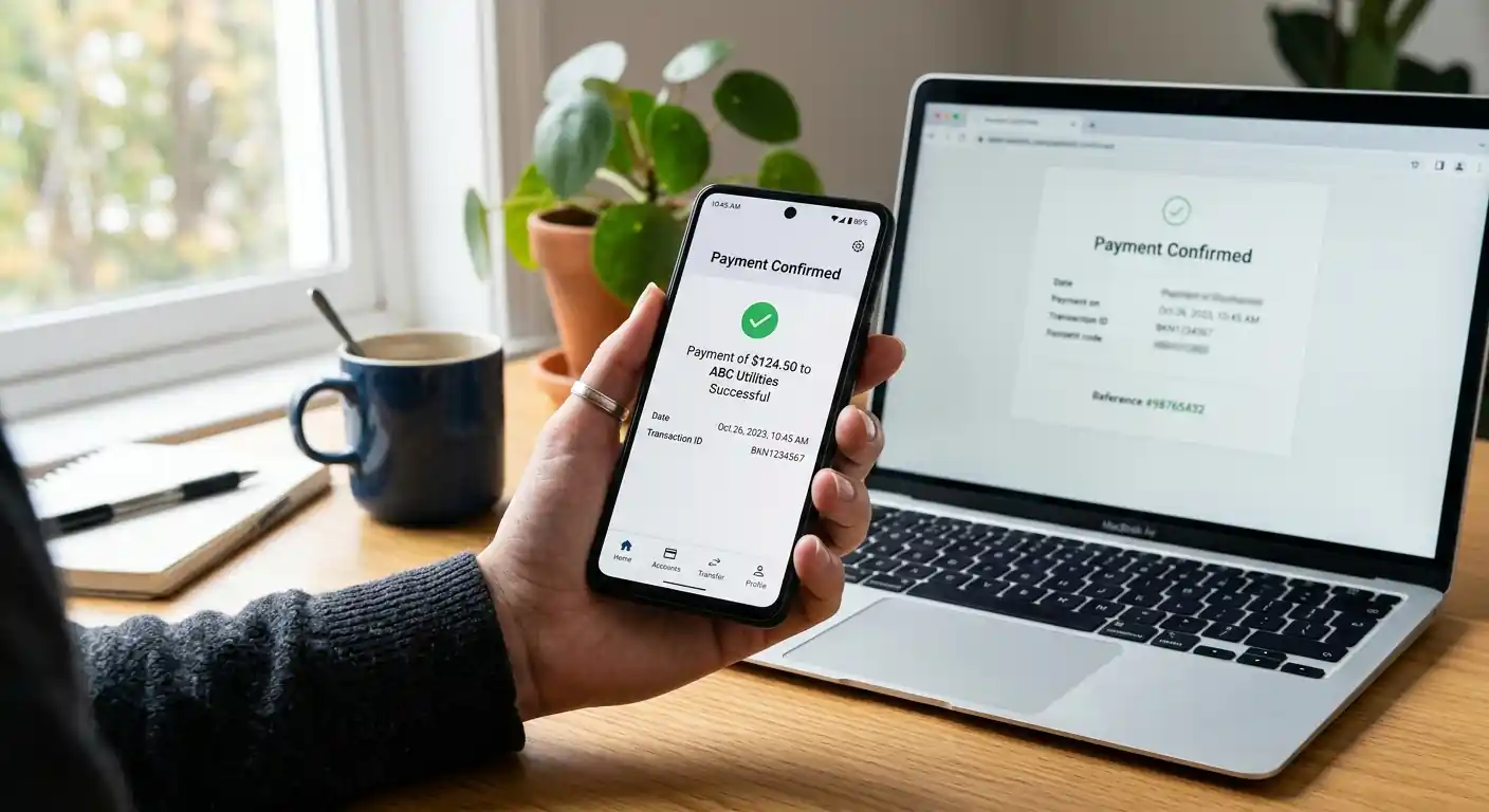 Person überprüft eine Banktransaktion am Smartphone neben einem Laptop