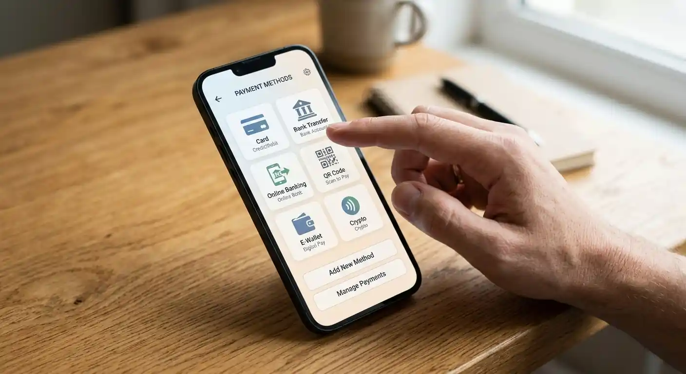 Smartphone mit verschiedenen E-Wallet und Zahlungsmethoden-Icons