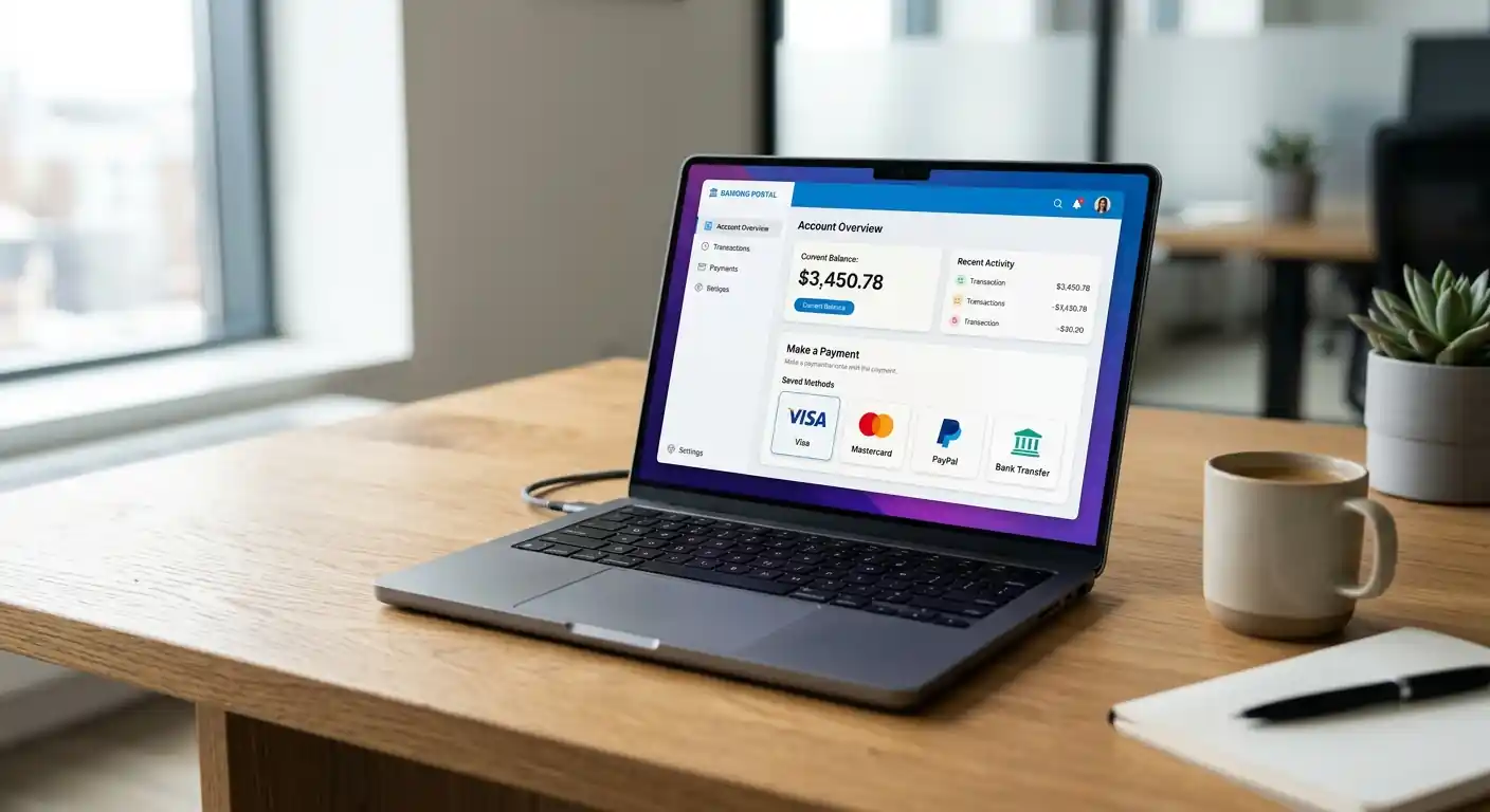 Laptop mit offener Banking-App und verschiedenen Zahlungsmethoden-Icons