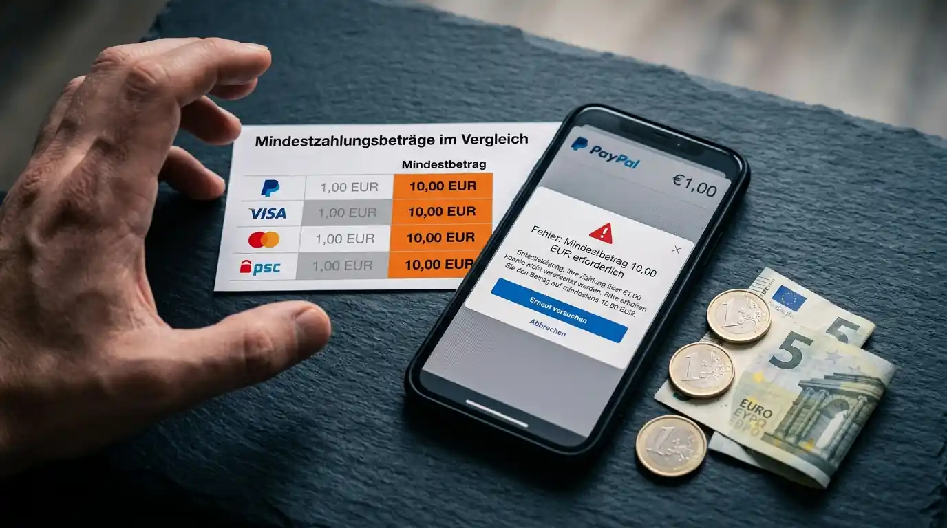 Spieler enttäuscht über tatsächliche Zahlungsmethoden-Limits, Bildschirm zeigt PayPal-Mindestbetrag 10 Euro trotz beworbener 1 Euro Casino-Mindesteinzahlung