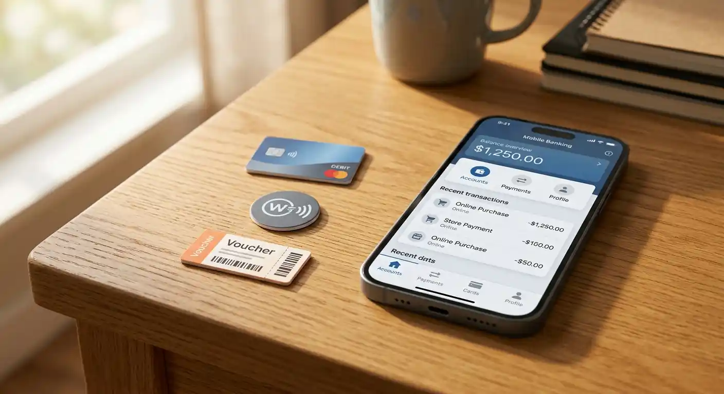 Smartphone mit neutraler Banking-App neben PayPal- und Paysafecard-Symbolen